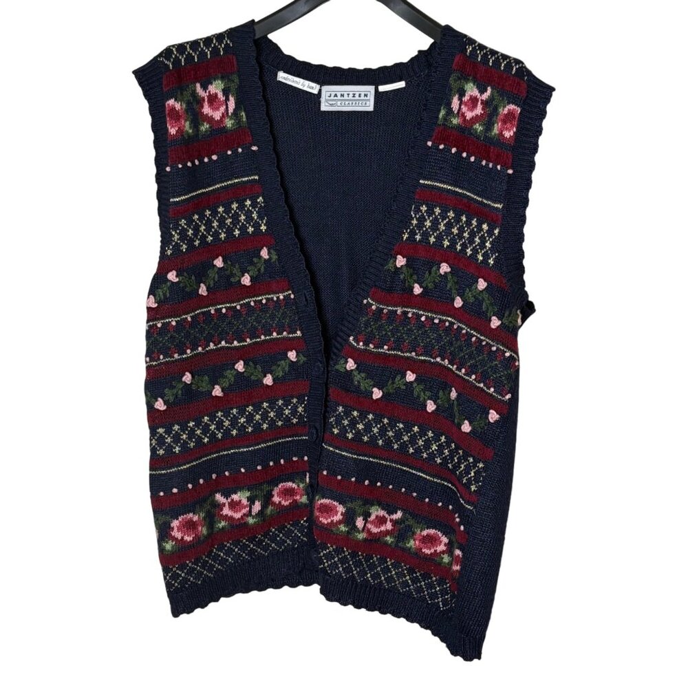 Vintage Jantzen Classics Grandmacore Embroidered Sweater Vest Floral Rose Navy L